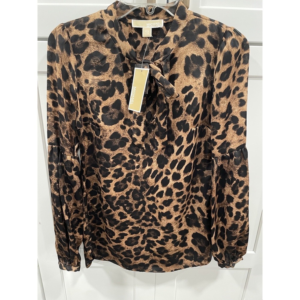 NWT Michael Kors Women's Brown Leopard Print Bow Tie Blouse Top Sz XXS‎ SI17